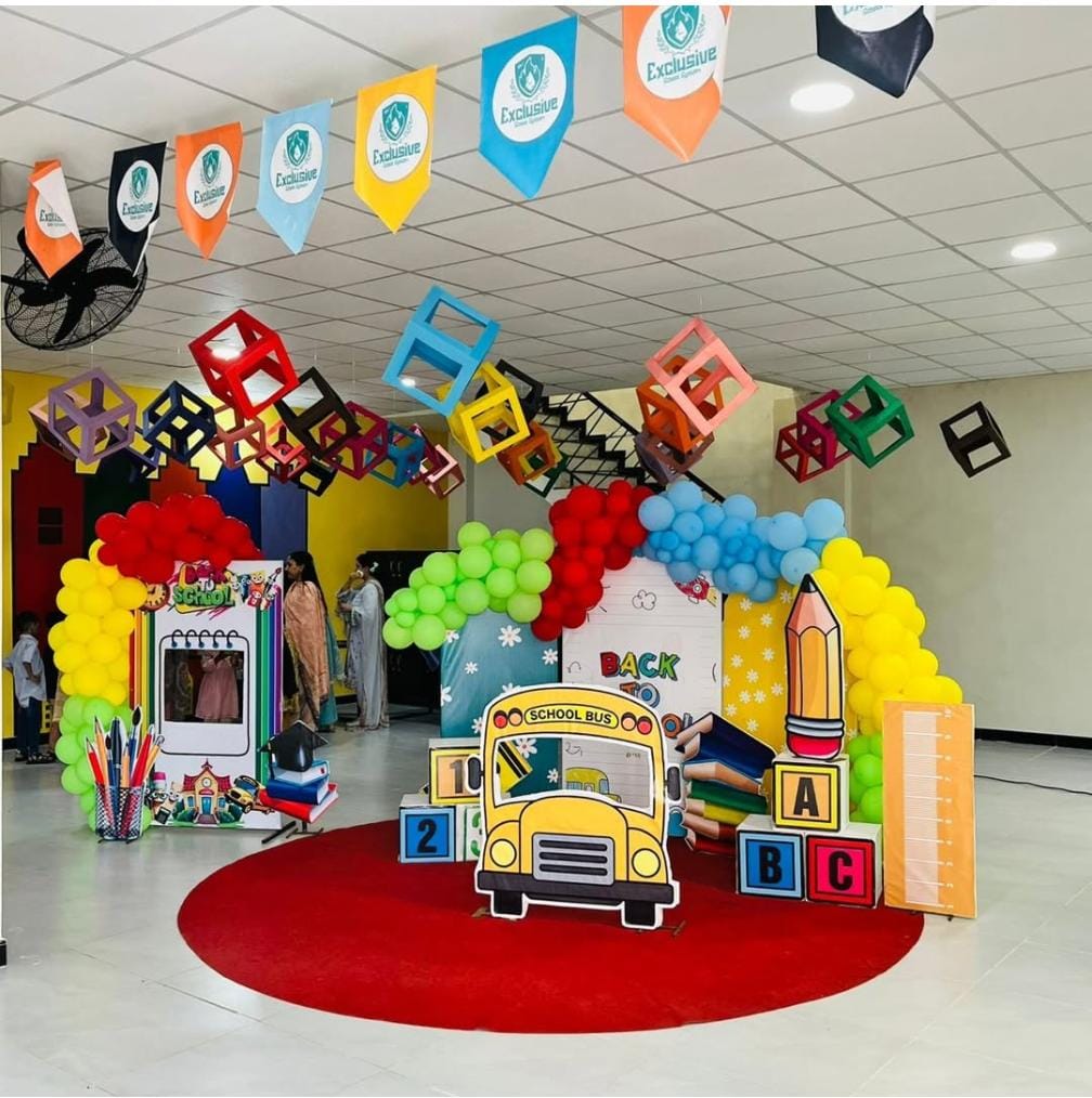 Colorful school launch day celebration with educational decorations